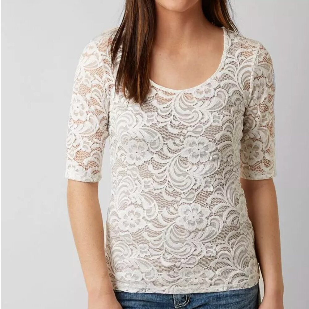 Guess Lace Blouse Short Sleeve Scoop Neck Cream White Medium